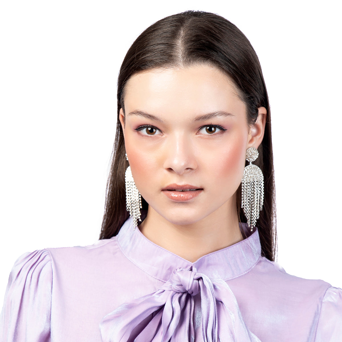 Model wearing Deepa by Deepa Gurnani Handmade Lorelei Earrings in Silver color