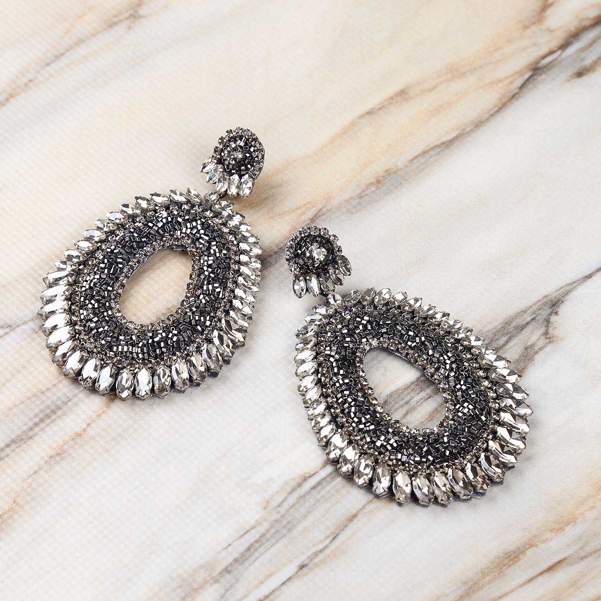 Detail of Deepa Gurnani Handmade Kiki Earrings in Gunmetal