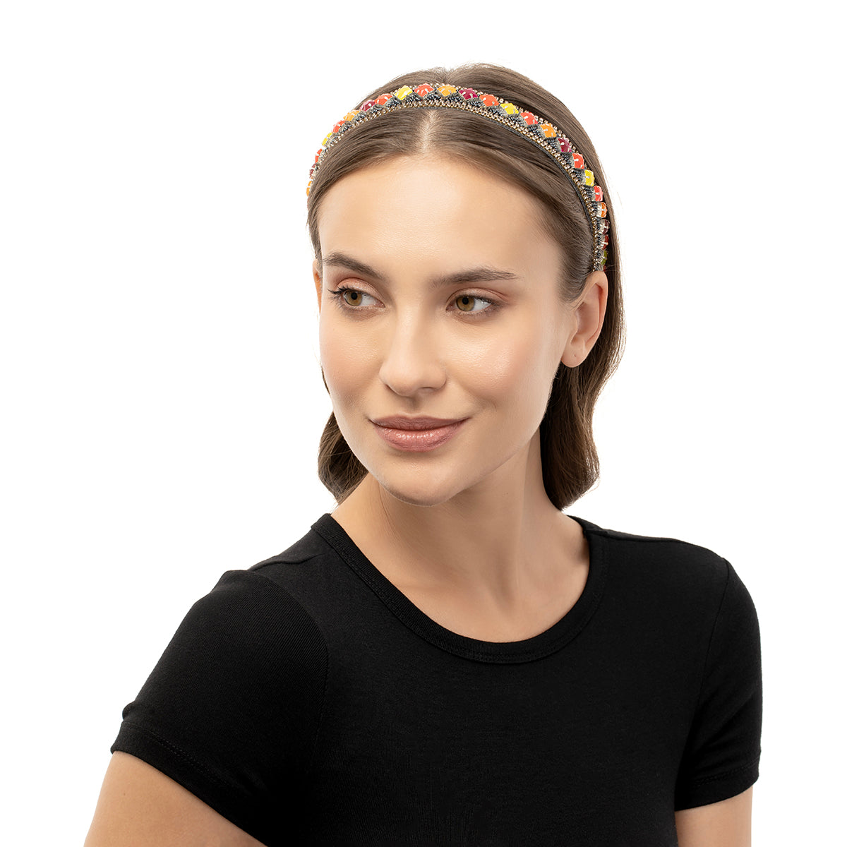 Model wearing our Deepa by Deepa Gurnani Handmade Gold Multi Briella Headband