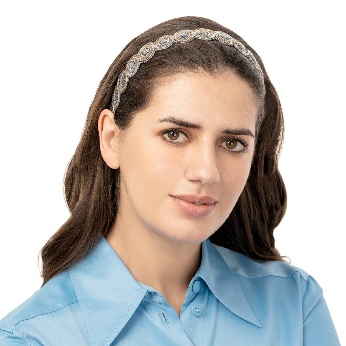 Model wearing our Deepa by Deepa Gurnani Handmade Luxury Gunmetal Keatan Headband