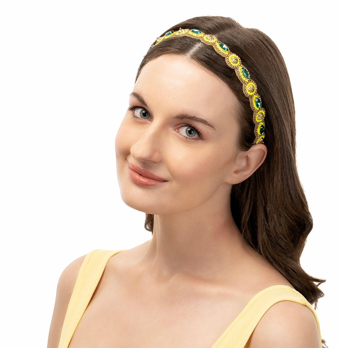 Model wearing our Deepa by Deepa Gurnani Handmade Fluorescent Yellow Eulla Headband