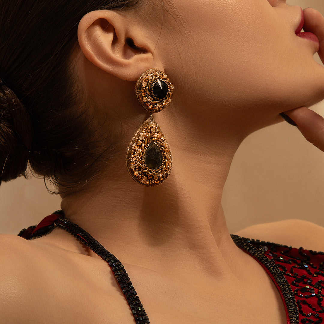 Model wearing handmade luxury Kendal Earrings