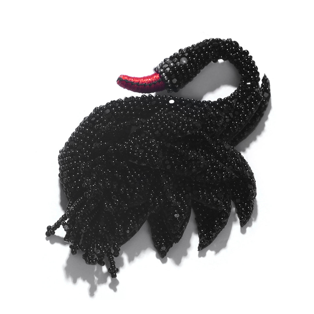 Detail of Deepa Gurnani handmade black swan brooch in black color