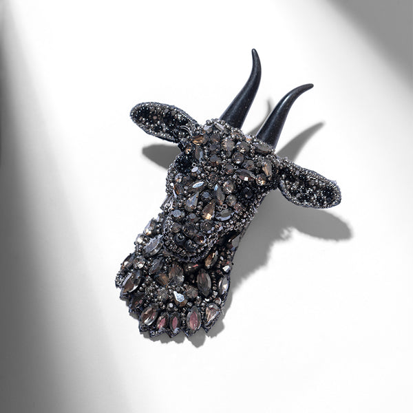 Deepa Gurnani handmade Goat On Ice Brooch in Gunmetal color