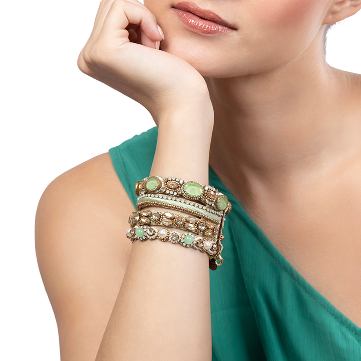 Model Wearing Deepa by Deepa Gurnani Handmade Brixie Bracelet in Jade color