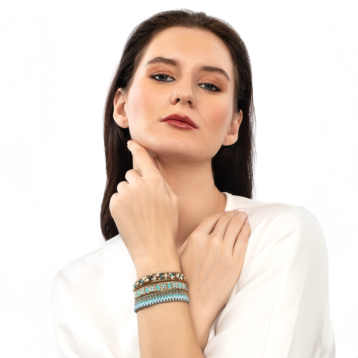 Model wearing Deepa by Deepa Gurnani Handmade Melia Bracelet in turquoise color