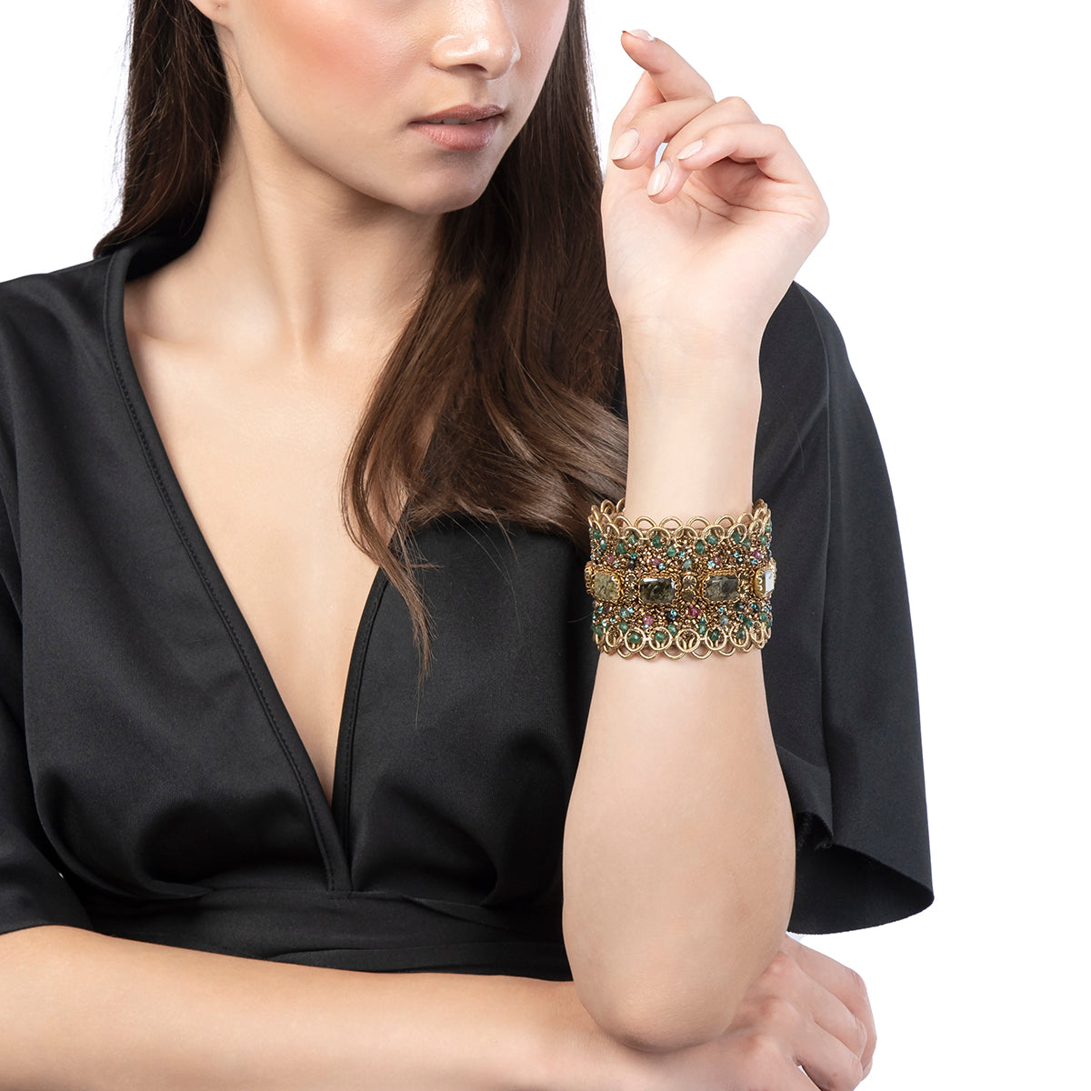 Model wearing Deepa Gurnani  Steele Cuff in Emerald color