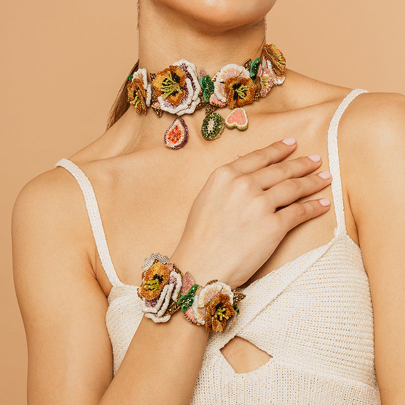 Model Wearing Deepa Gurnani handmade Tropical Bracelet in Multi color