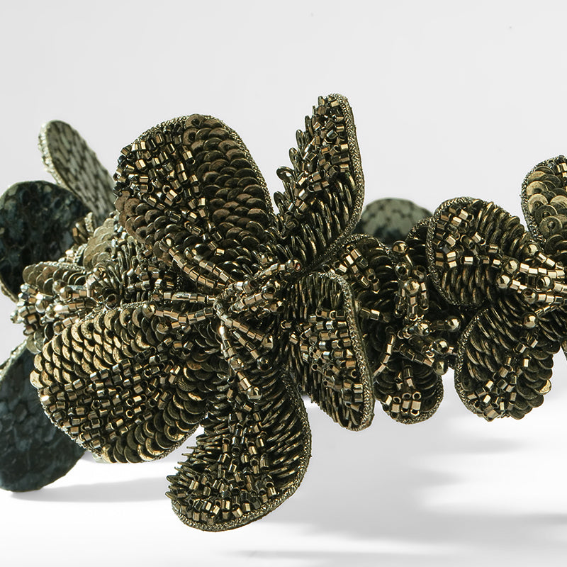 Close up of Deepa Gurnani Regina Headband in Gunmetal 