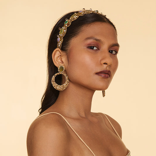 Model Wearing Handmade Deepa Gurnani Isidore Earrings in Olive color