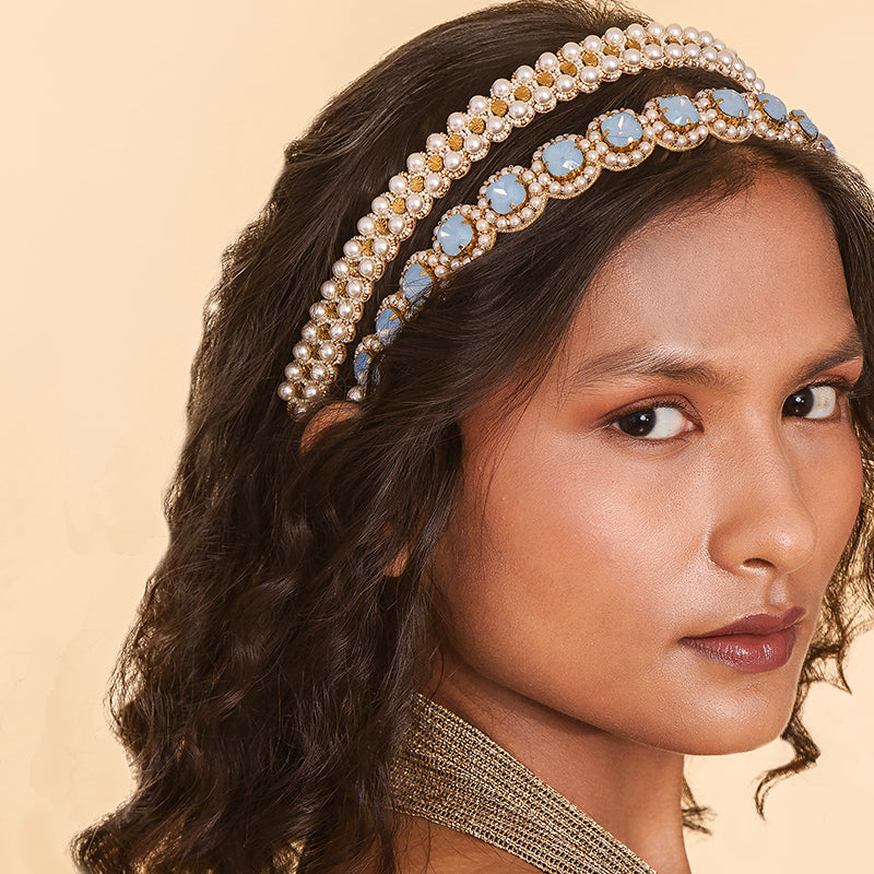 Model Wearing Deepa by Deepa Gurnani Handmade Bernice Headband Gold Color