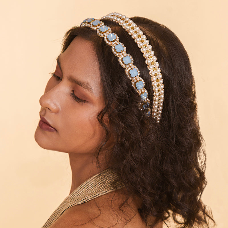 Model Wearing Deepa by Deepa Gurnani Handmade Bernice Headband Gold Color