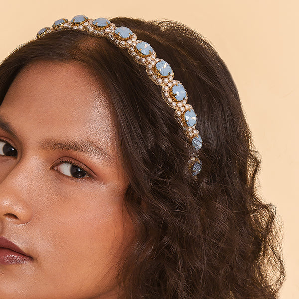 Model Wearing Deepa by Deepa Gurnani Handmade Anatolia Headband Opal Blue Color