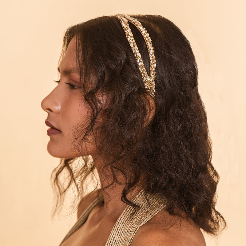 Model Wearing Deepa by Deepa Gurnani Handmade Kadence Headband Gold Color