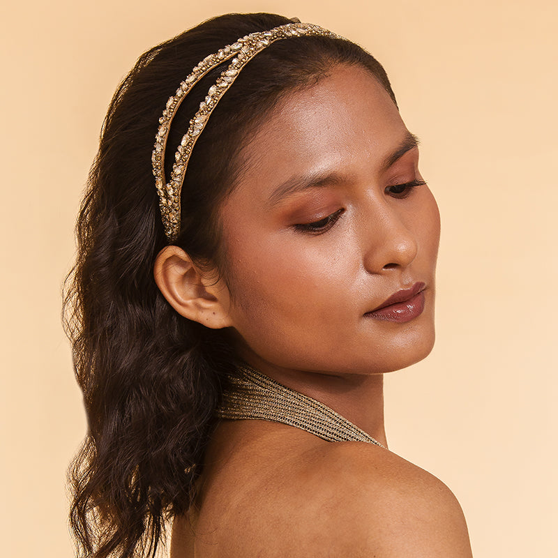 Model Wearing Deepa by Deepa Gurnani Handmade Kadence Headband Gold Color