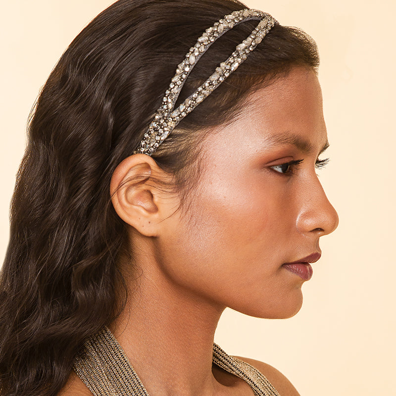 Model Wearing Deepa by Deepa Gurnani Handmade Kadence Headband Gunmetal Color