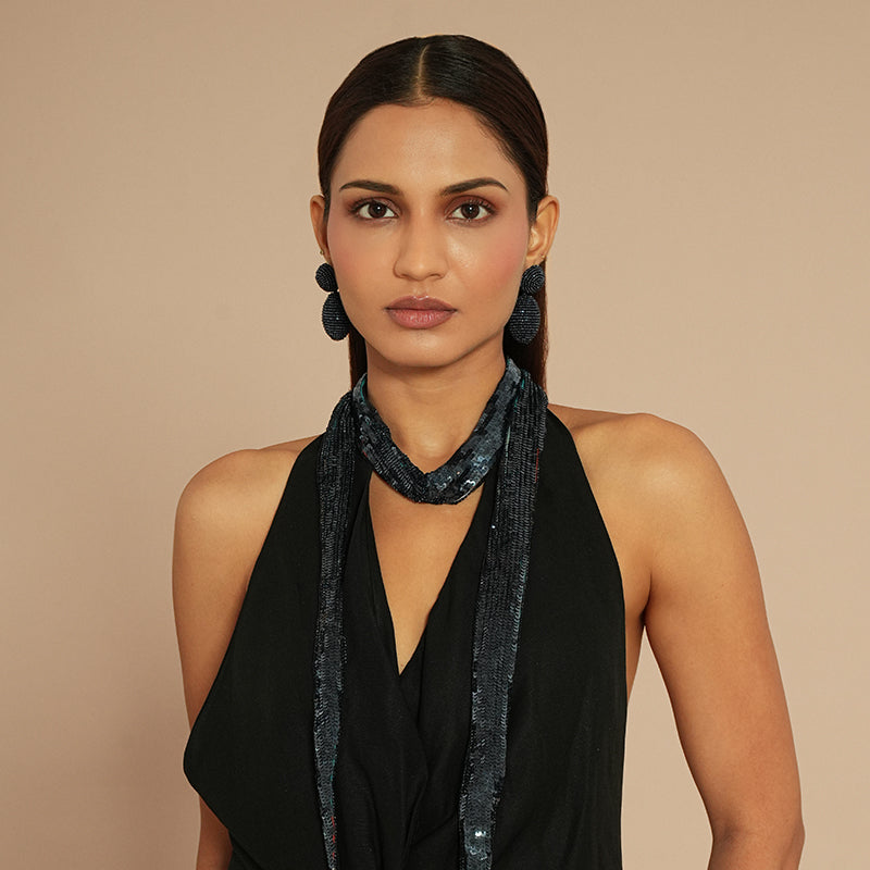 Model wearing Deepa by Deepa Gurnani Veronique Sequin Skinny Scarf in Navy color