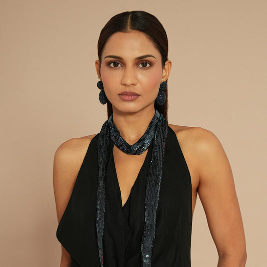 Model wearing Deepa by Deepa Gurnani Veronique Sequin Skinny Scarf in Navy color