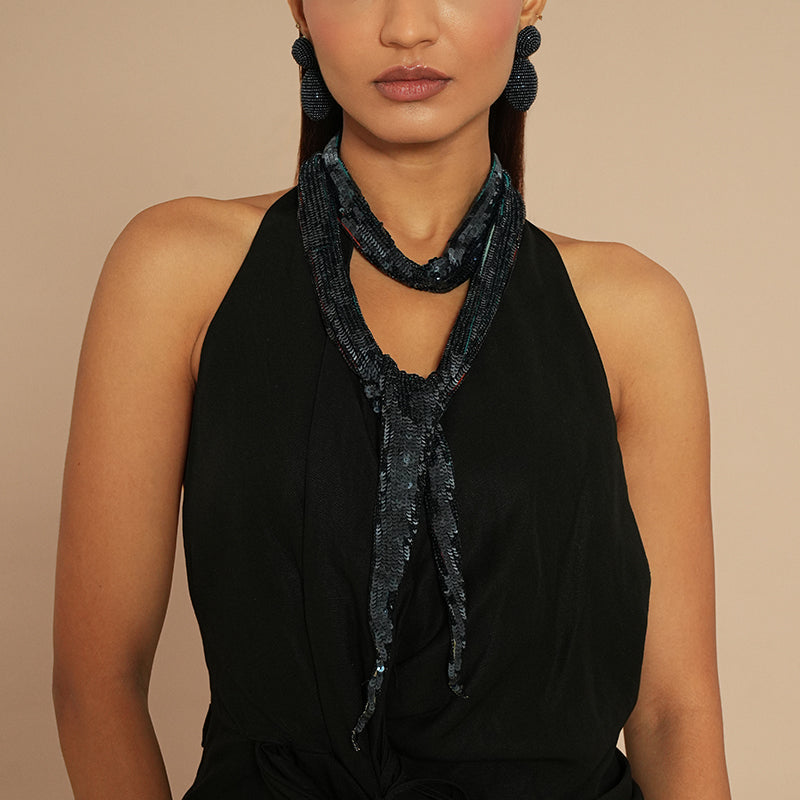 Model wearing Deepa by Deepa Gurnani Veronique Sequin Skinny Scarf in Navy color