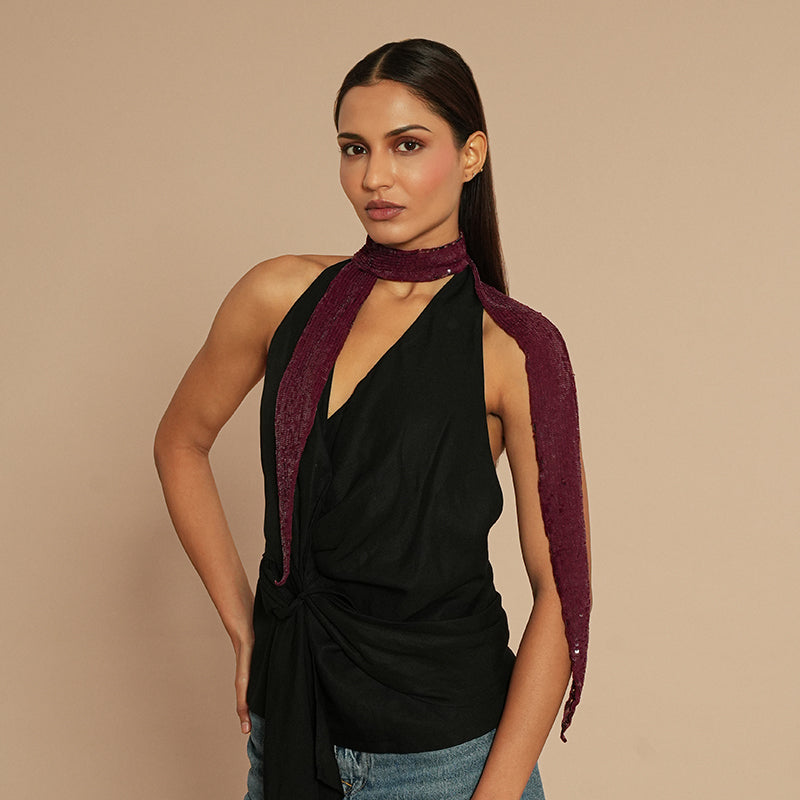 Model wearing Deepa by Deepa Gurnani Veronique Sequin Skinny Scarf in Maroon color