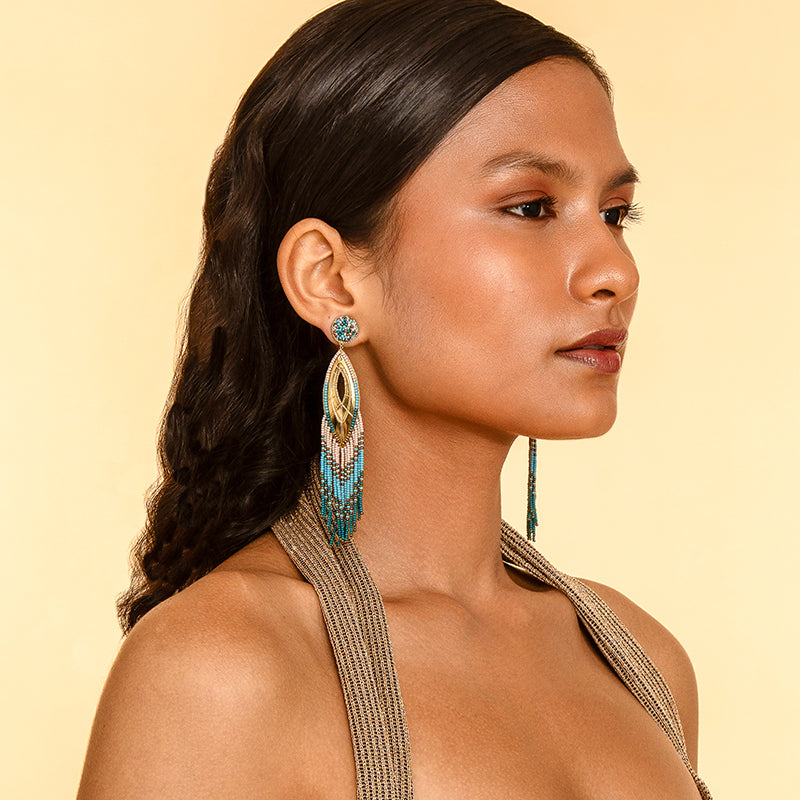 Model Wearing Handmade Deepa by Deepa Gurnani Merliah Earrings in Turquoise color