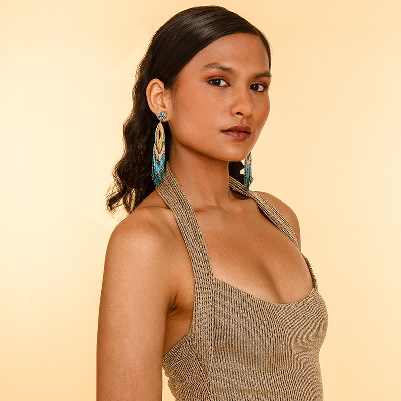 Model Wearing Handmade Deepa by Deepa Gurnani Merliah Earrings in Turquoise color