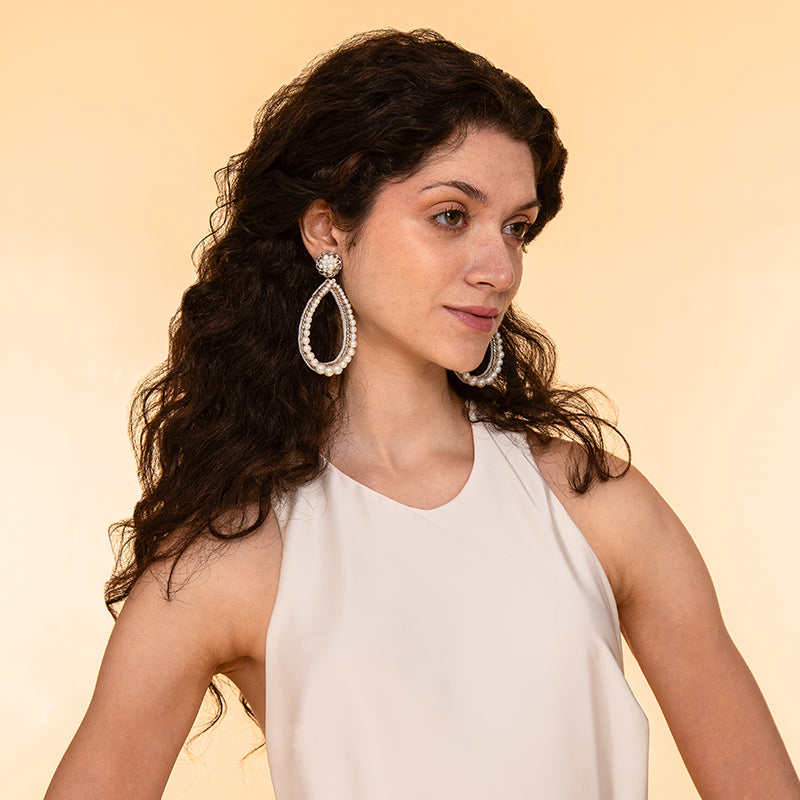 Model Wearing Deepa By Deepa Gurnani handmade Rowena Earrings in silver color