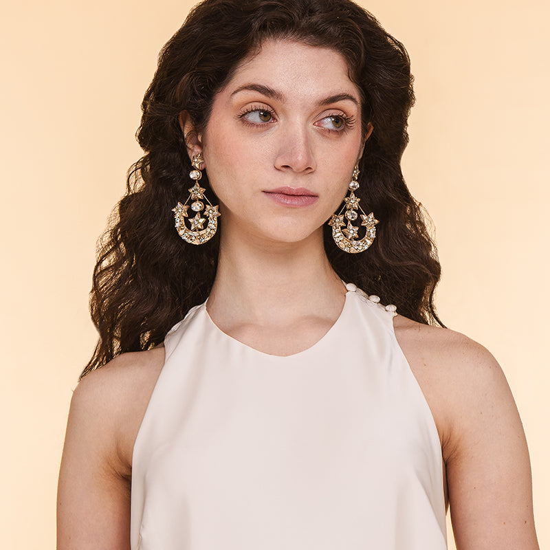 Model Wearing Deepa by Deepa Gurnani Handmade Tenley Gold Crystal Earrings