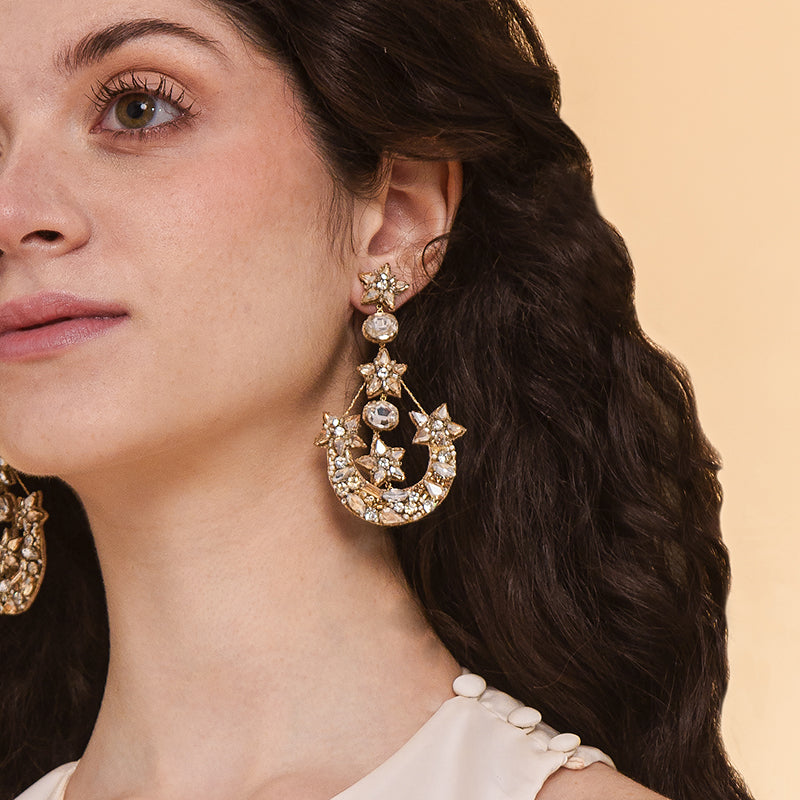 Model Wearing Deepa by Deepa Gurnani Handmade Tenley Gold Crystal Earrings