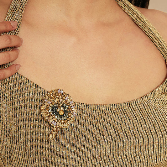 Model wearing Deepa Gurnani Pansy Brooch