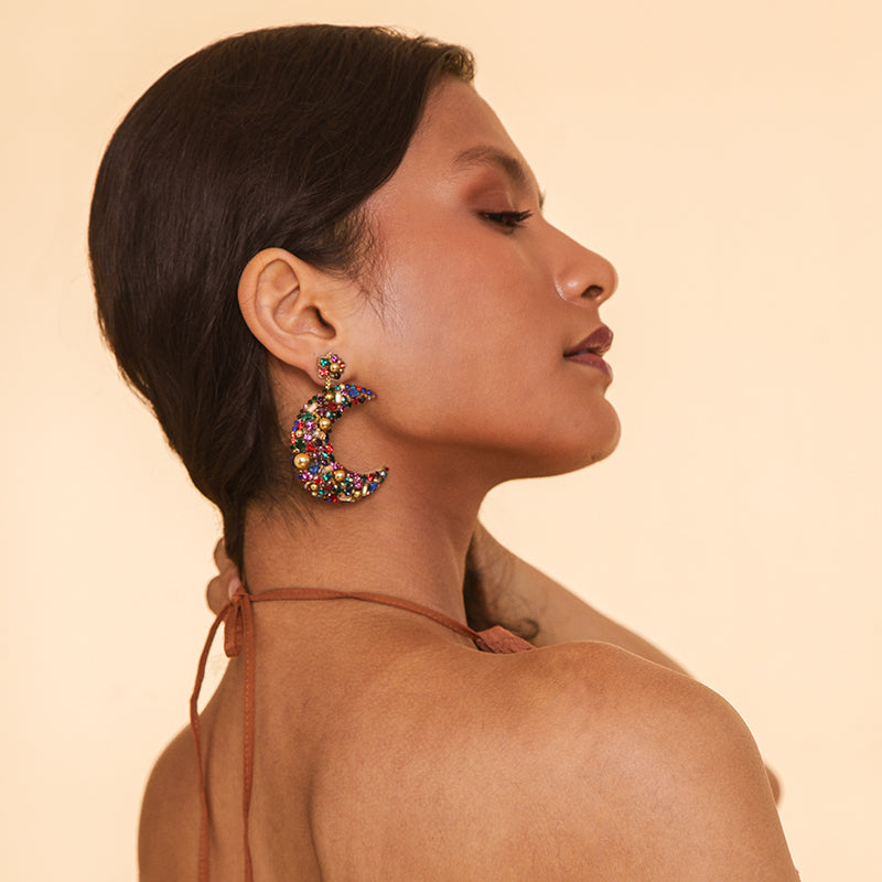 Model Wearing Deepa by Deepa Gurnani Handmade Lavender Earrings In Multi Color