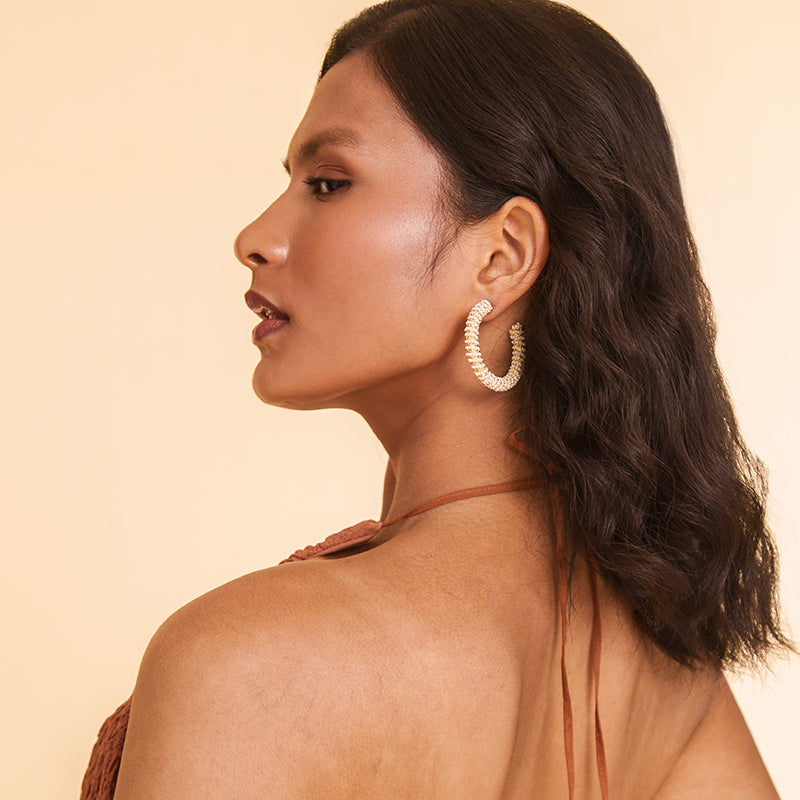 Model Wearing Deepa By Deepa Gurnani Zareen Earrings Ivory Color