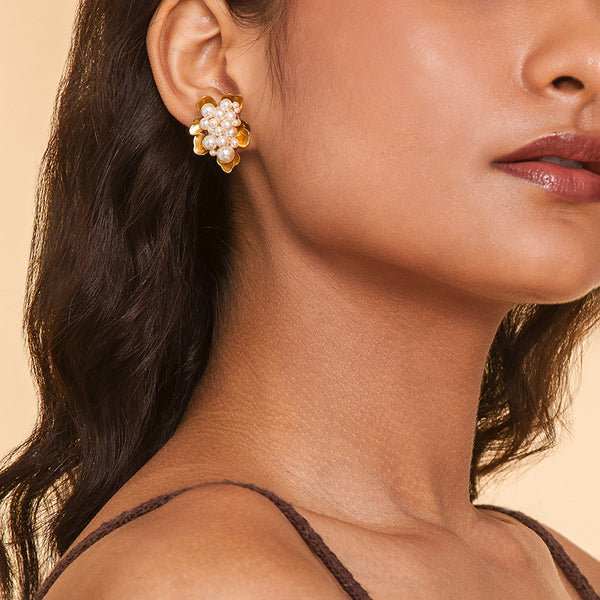 Model Wearing Deepa By Deepa Gurnani Nea Earrings Gold Color