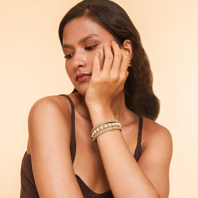 Model Wearing Handmade Deepa by Deepa Gurnani Kimmy Cuff in Gold color