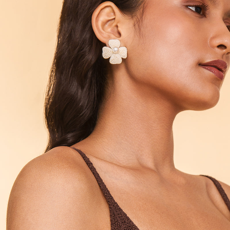 Model Wearing Deepa By Deepa Gurnani Liora Earrings Ivory Color