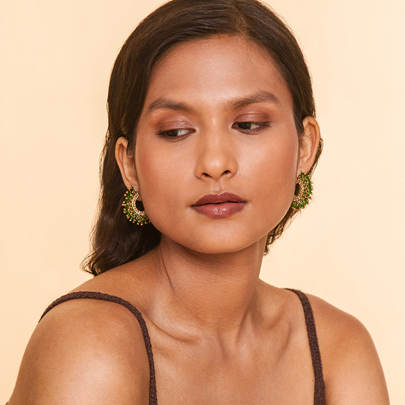 Model Wearing Deepa By Deepa Gurnani Sierra Earrings Emerald Color