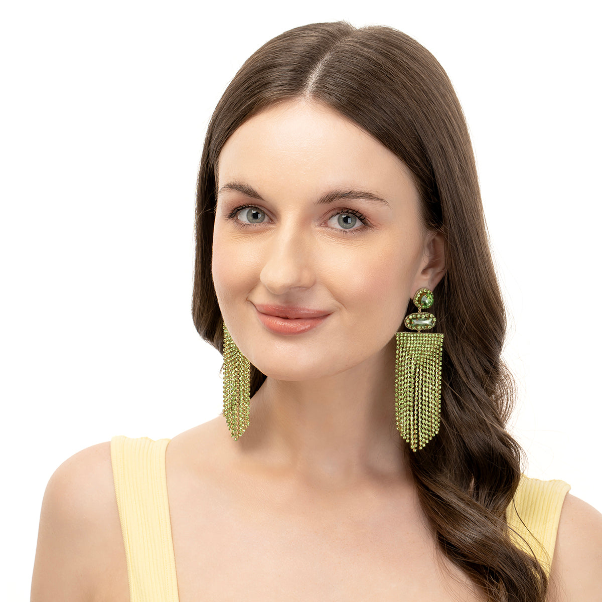 Model wearing Deepa by Deepa Gurnani Handmade Lime Anvi Earrings