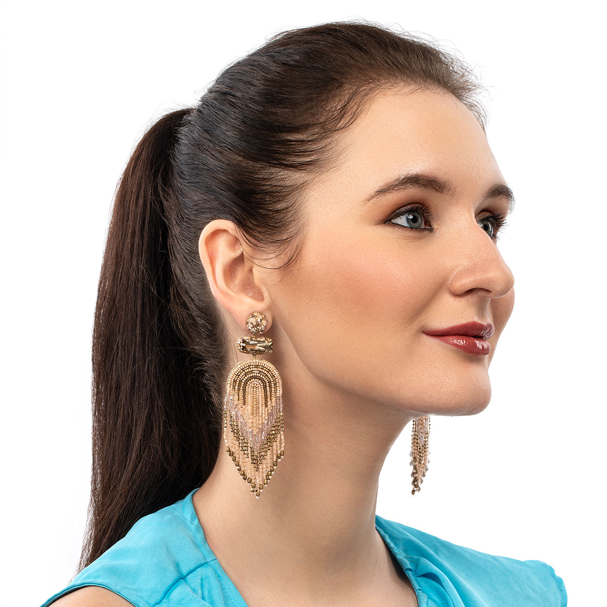 Model wearing Deepa By Deepa Gurnani handmade Ishani Earrings in champagne color