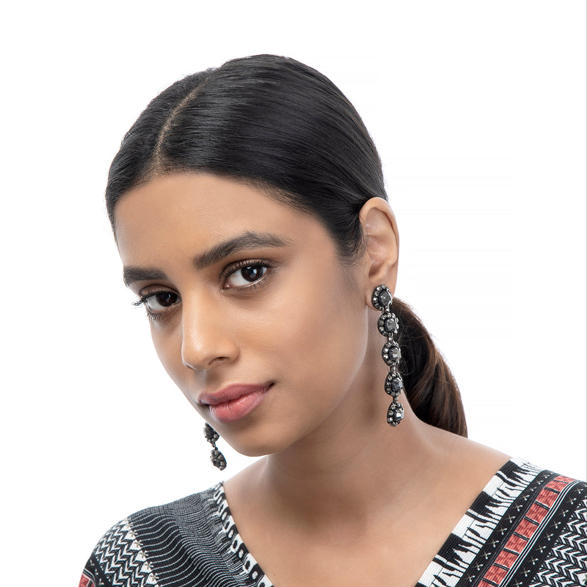 Handmade Deepa by Deepa Gurnani Joplin Earrings in gunmetal color worn by the model