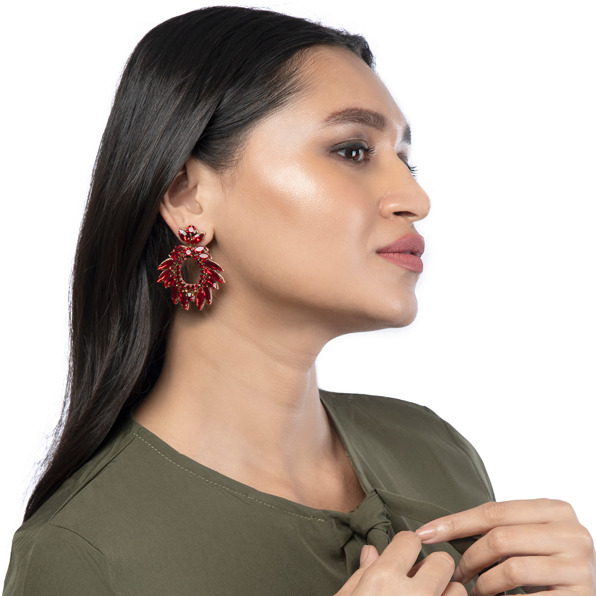 Model wearing Deepa By Deepa Gurnani Zienna Earrings in Ruby color