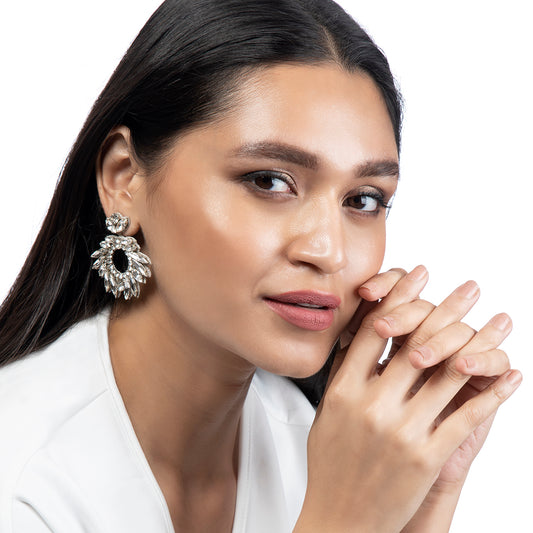 Model wearing Deepa By Deepa Gurnani Zienna Earrings in Silver color