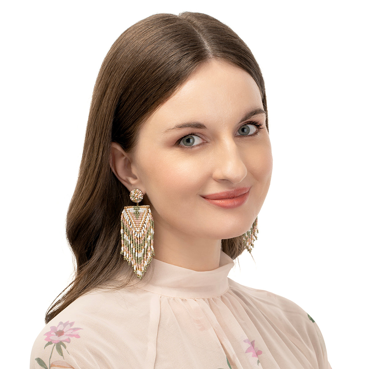 Model wearing our Deepa by Deepa Gurnani Handmade Olive Anwen Earrings