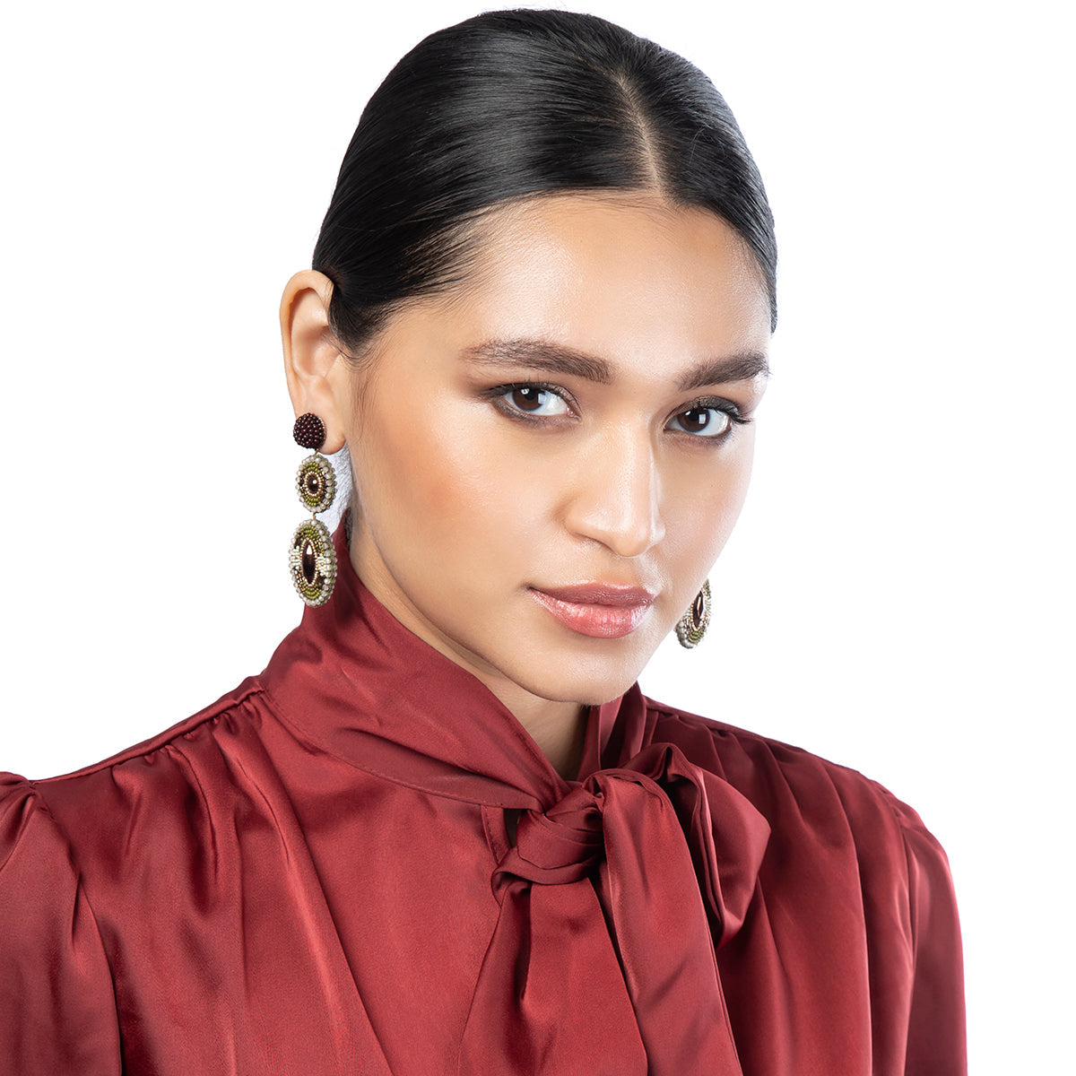 Model wearing Deepa by Deepa Gurnani Handmade Danya Earrings in Olive color