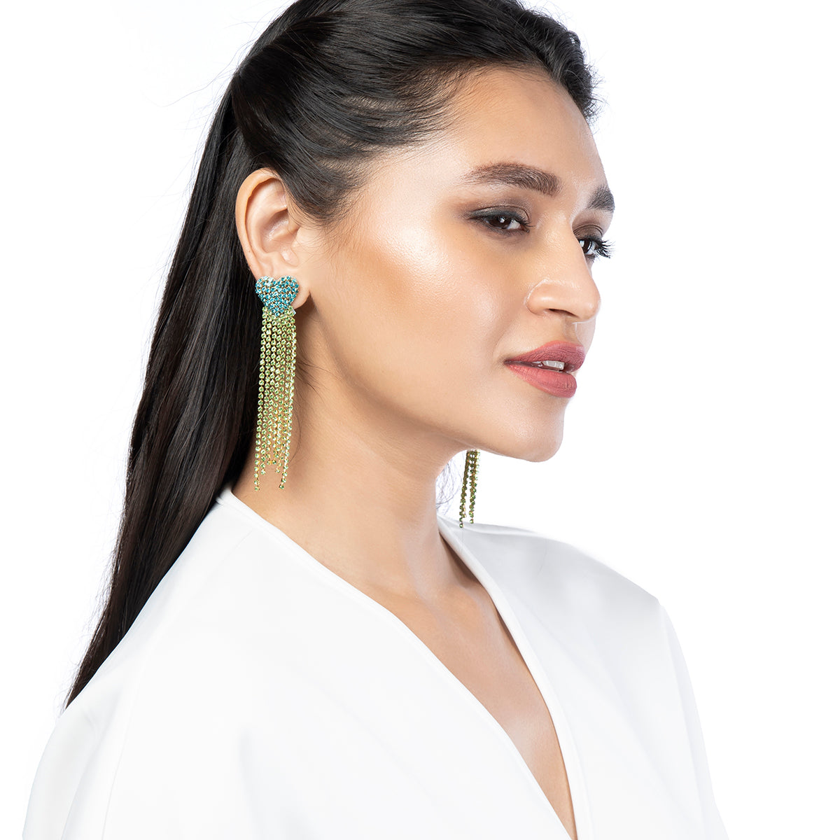 Model wearing Deepa By Deepa Gurnani Divina Earrings Turquoise Color