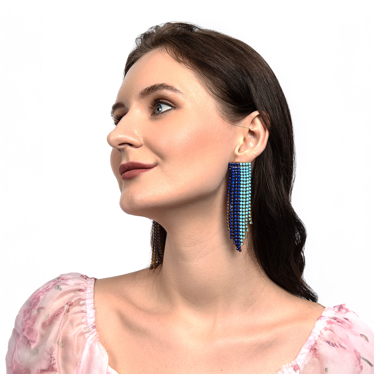 Model wearing Deepa By Deepa Gurnani handmade Rayla Earrings in cobalt color