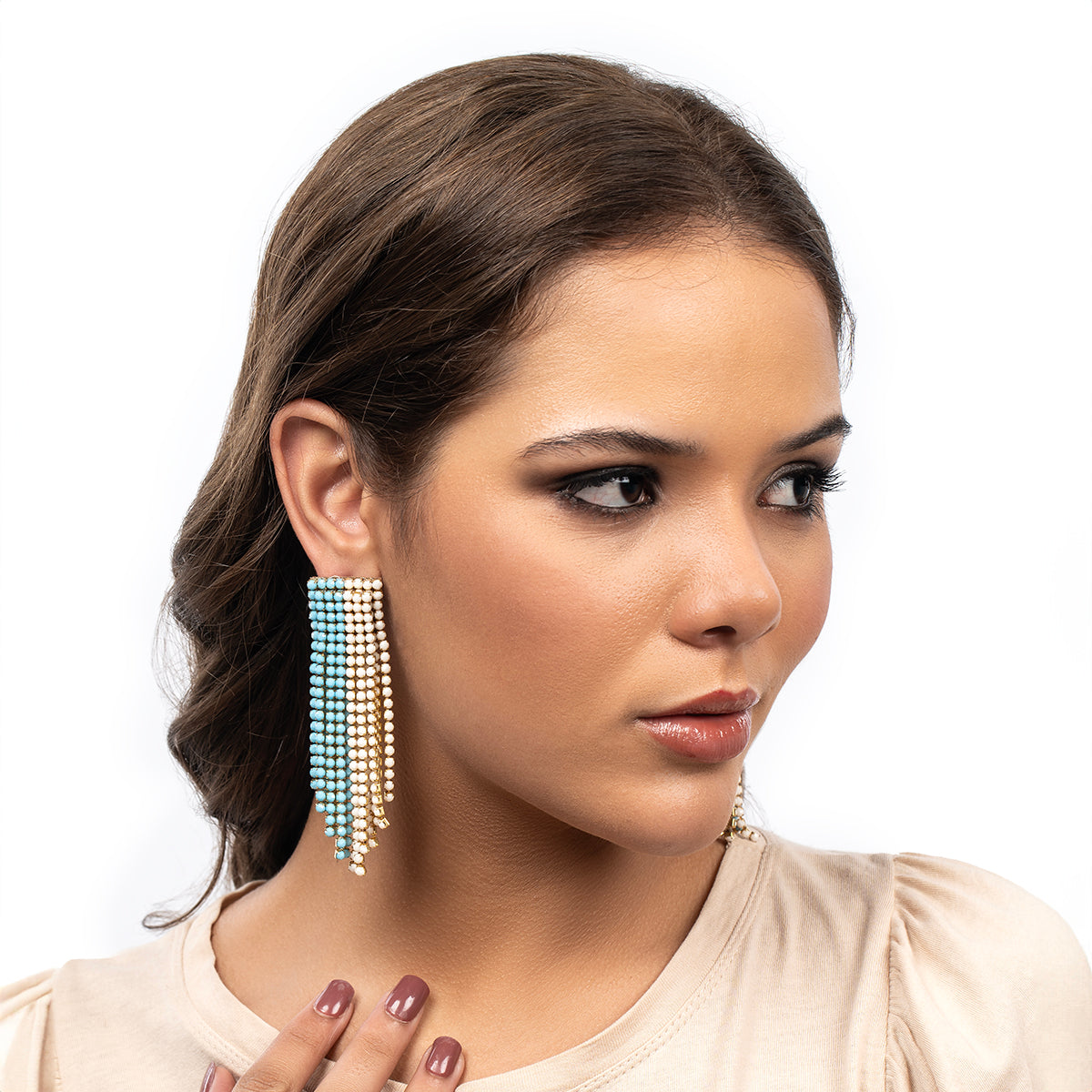 Model wearing Deepa By Deepa Gurnani handmade Rayla Earrings in turquoise color