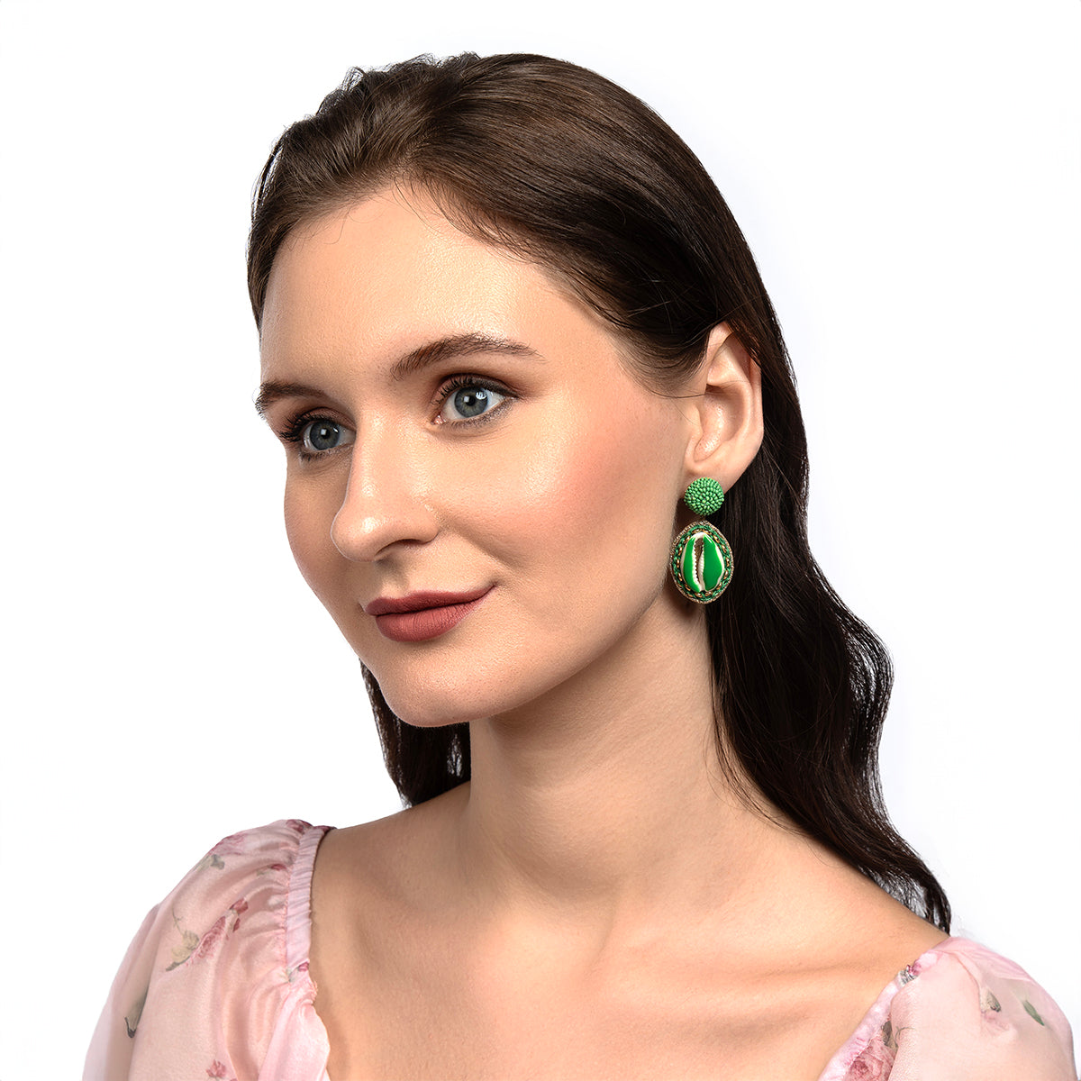 Model wearing Deepa By Deepa Gurnani handmade Trixie Earrings in green color