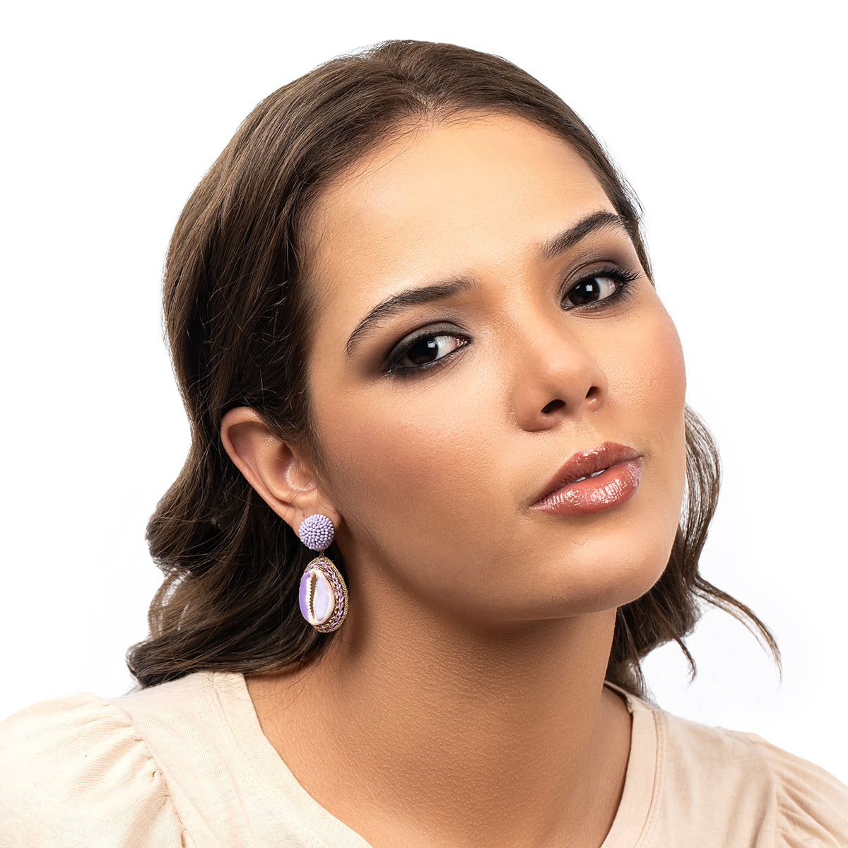 Model wearing Deepa By Deepa Gurnani handmade Trixie Earrings in lavender color