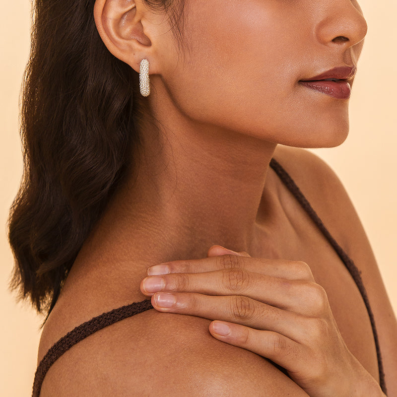 Model Wearing Deepa By Deepa Gurnani Archie Earrings Silver Color