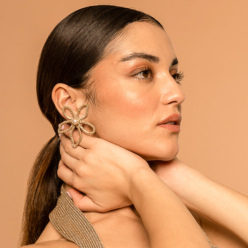 Model wearing our Deepa by Deepa Gurnani Handmade Felicity Earrings in Gold color